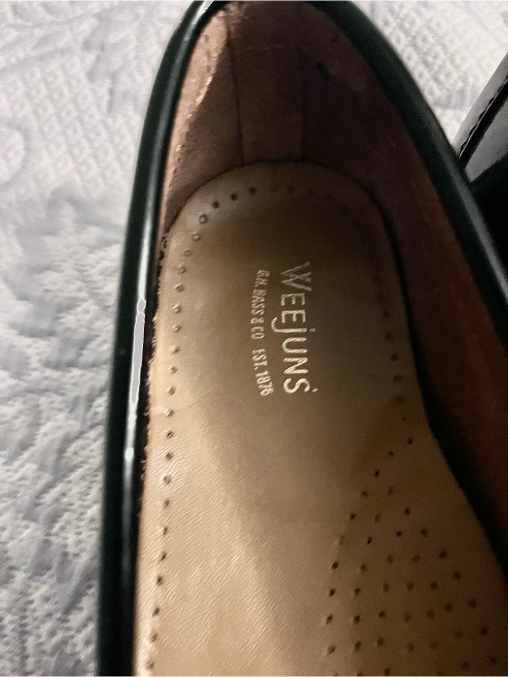 G.H. Bass & Co. Black Patent Leather Penny Loafers with Brown Sole Trim - Picture 2 of 4